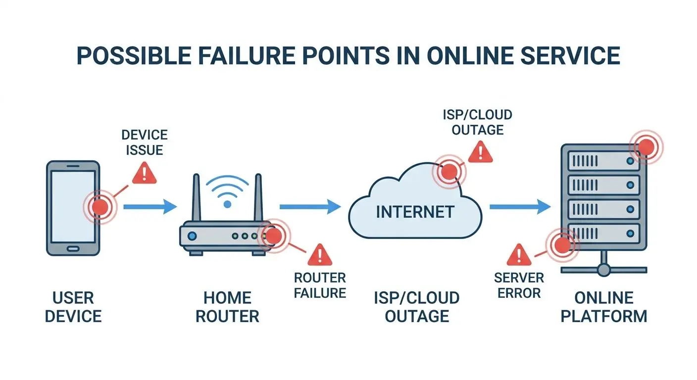 Esquema usuario conexión a internet servidor con puntos de fallo