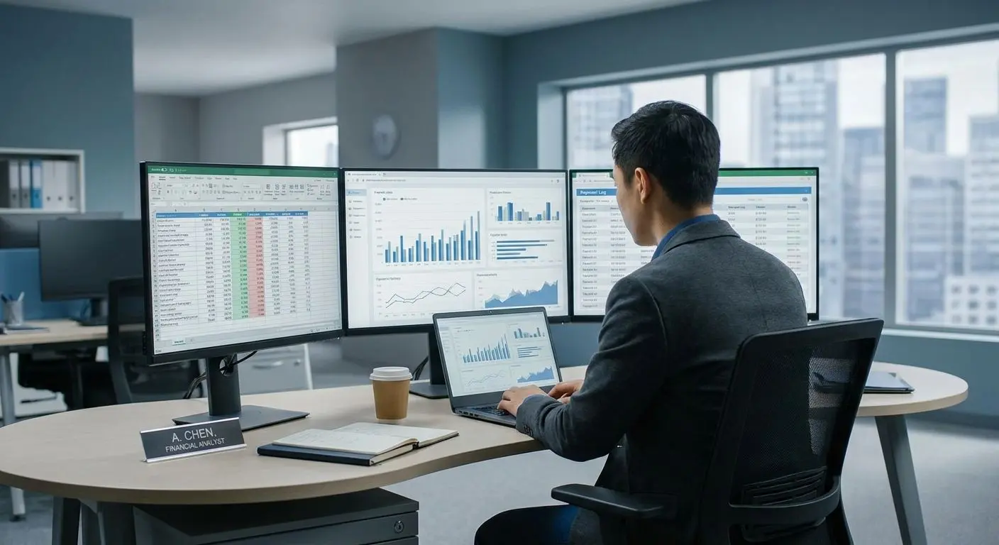 Experto analizando datos de pagos y registros en pantalla