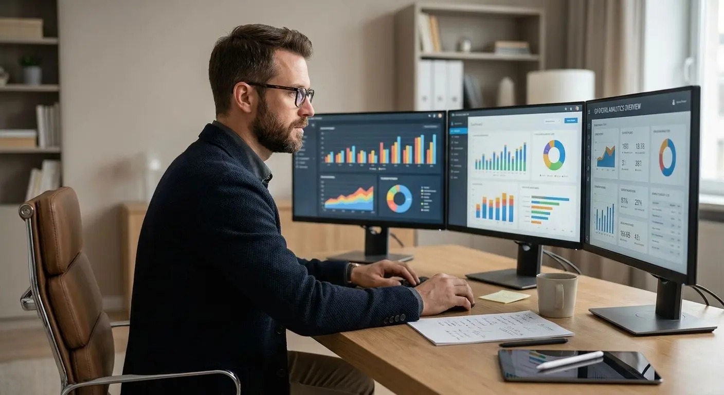 Analista ficticio con gráficos y notas sobre control de sesión