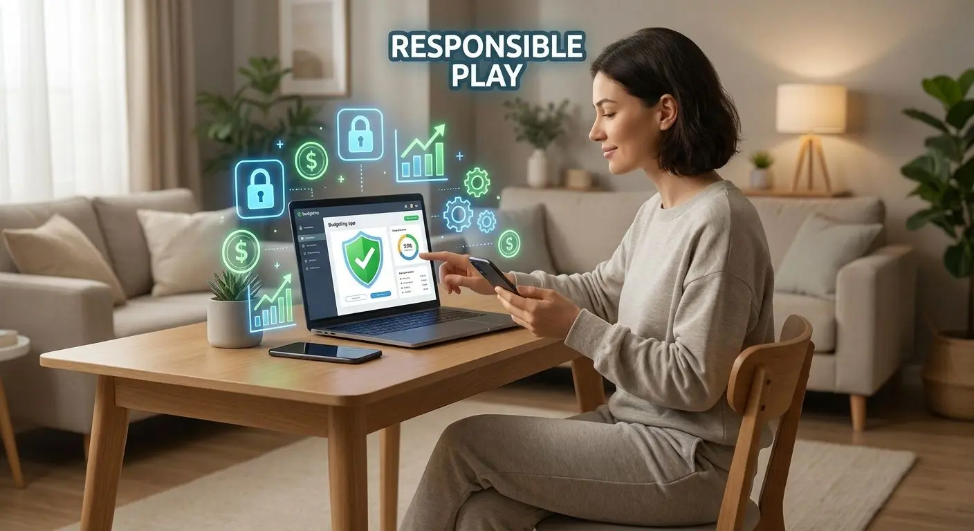 Usuario tranquilo gestionando su presupuesto con iconos de seguridad