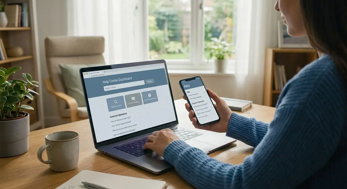 Usuario consultando centro de ayuda online desde portátil y móvil