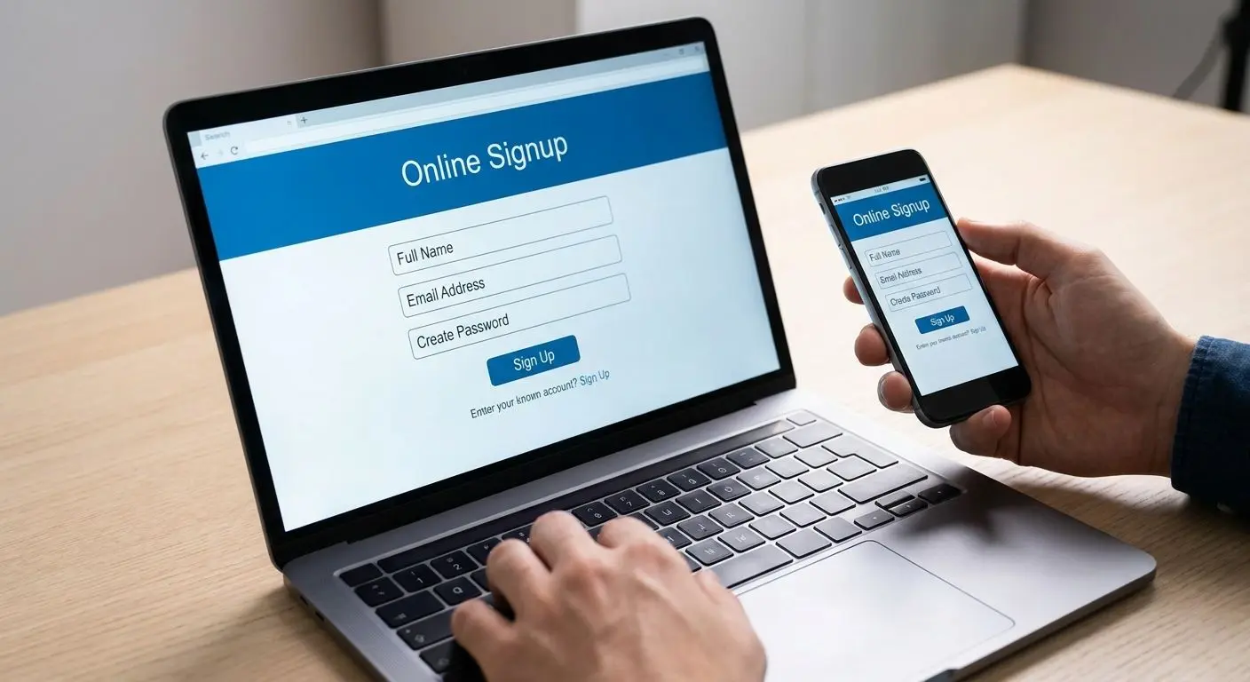 Formulario de registro online con campos de nombre, email y contraseña