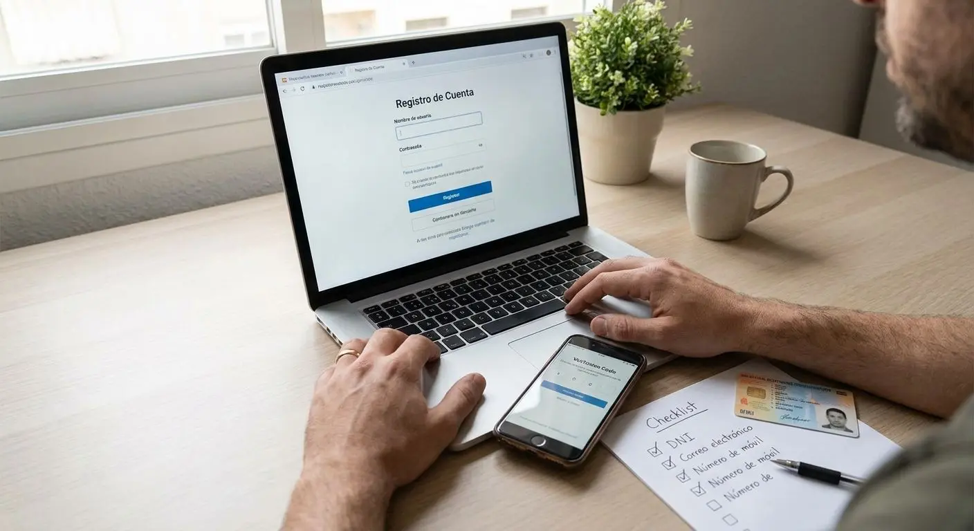 Preparación para registro online con requisitos y DNI sobre la mesa