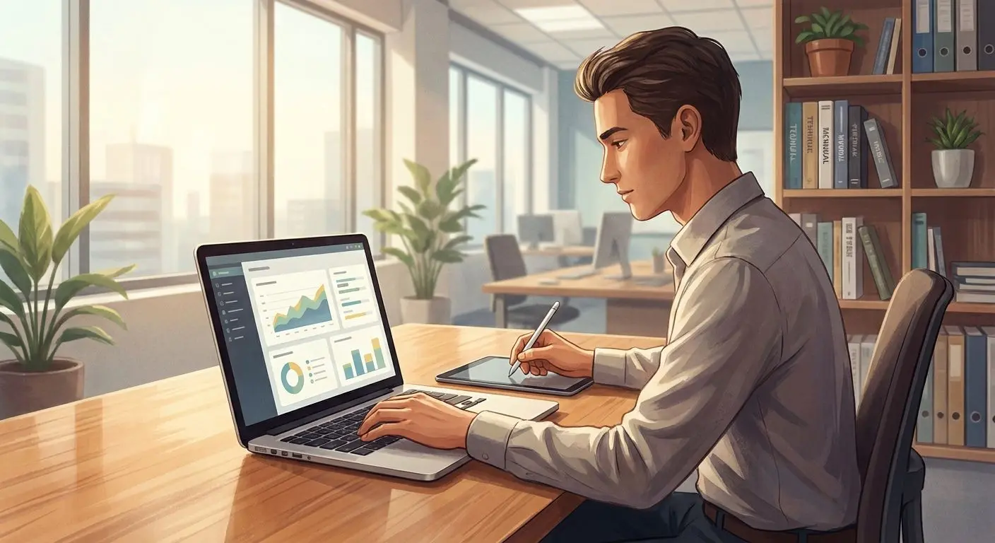 Ilustración de un experto redactando una guía sobre pagos online