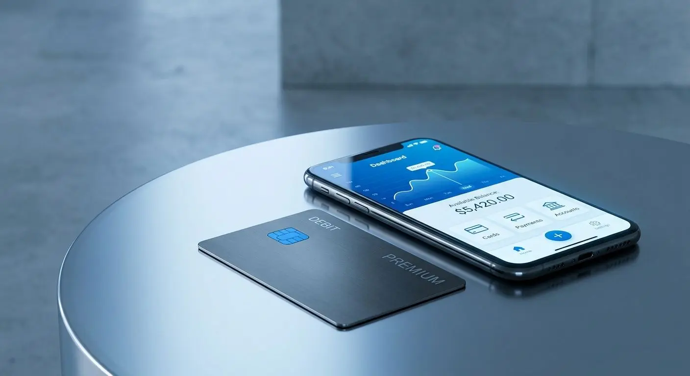 Tarjeta de débito junto a móvil con app financiera abierta